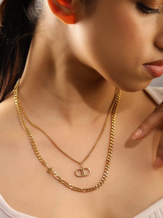 Rubans 22K Gold Plated Layered Chain Necklace with Star & Initial Pendant