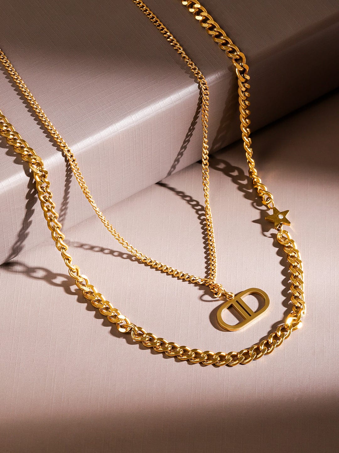 Rubans 22K Gold Plated Layered Chain Necklace with Star & Initial Pendant