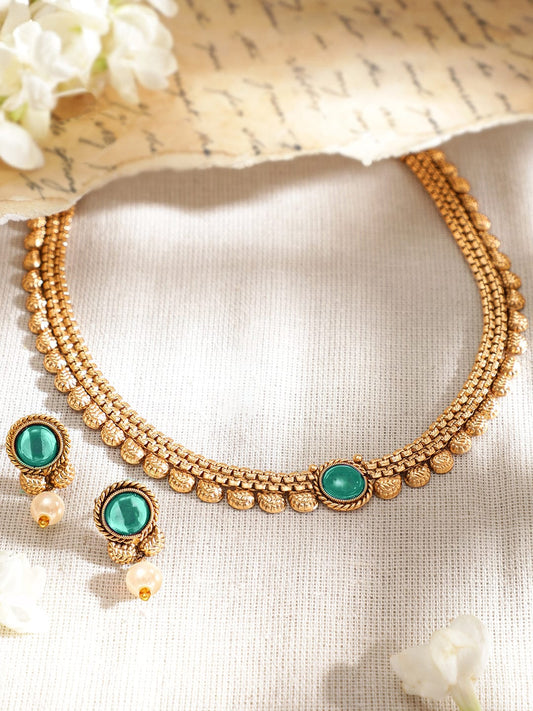 Rubans 22K Gold-Plated Light Emerald Green Stone & Pearl Beaded Traditional Necklace Set