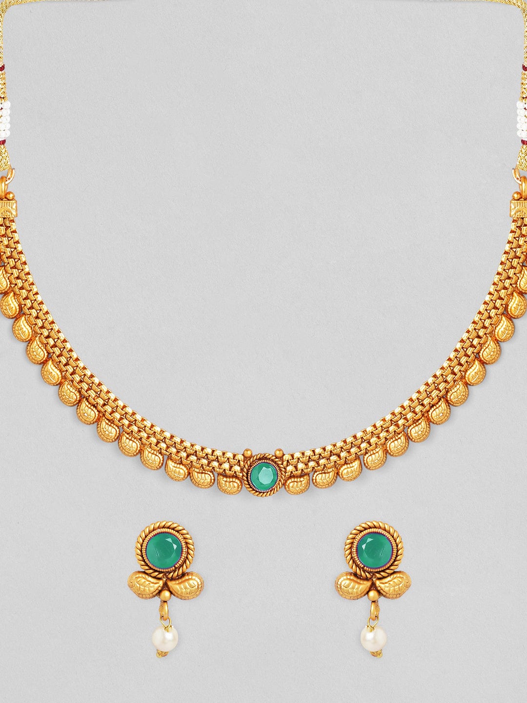 Rubans 22K Gold-Plated Light Emerald Green Stone & Pearl Beaded Traditional Necklace Set