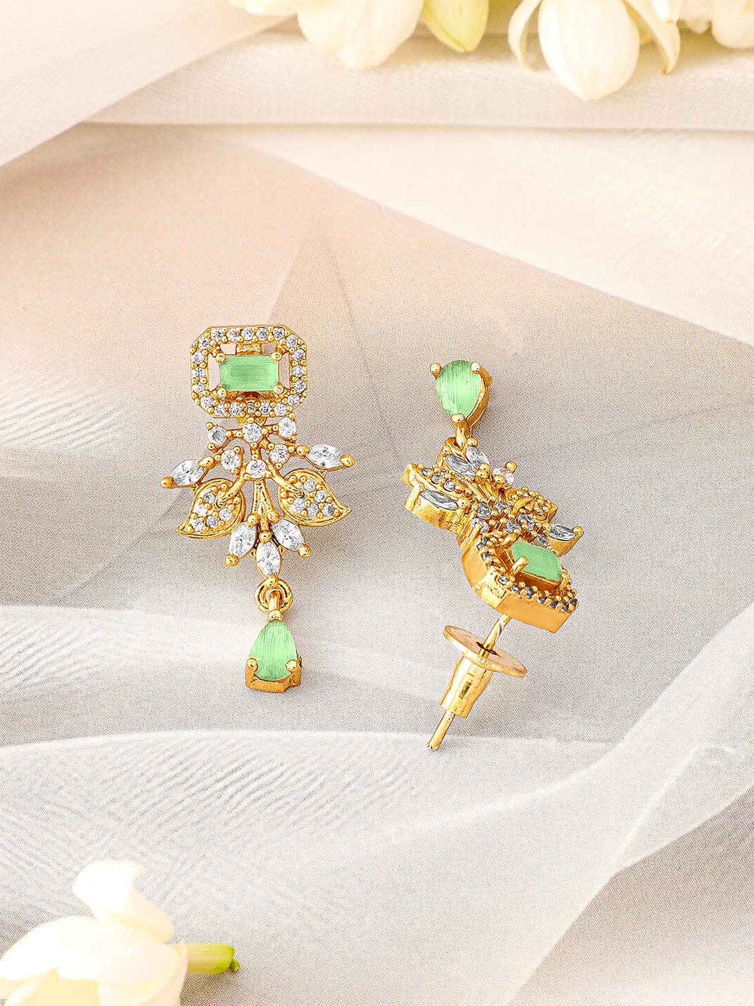 Rubans 22K Gold-Plated Light Green & Cubic Zirconia Studded Necklace Set with Pearl Drops