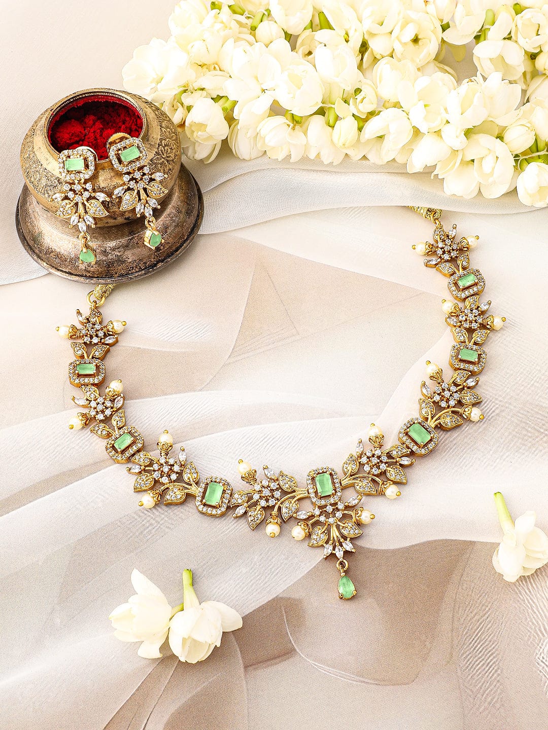 Rubans 22K Gold-Plated Light Green & Cubic Zirconia Studded Necklace Set with Pearl Drops