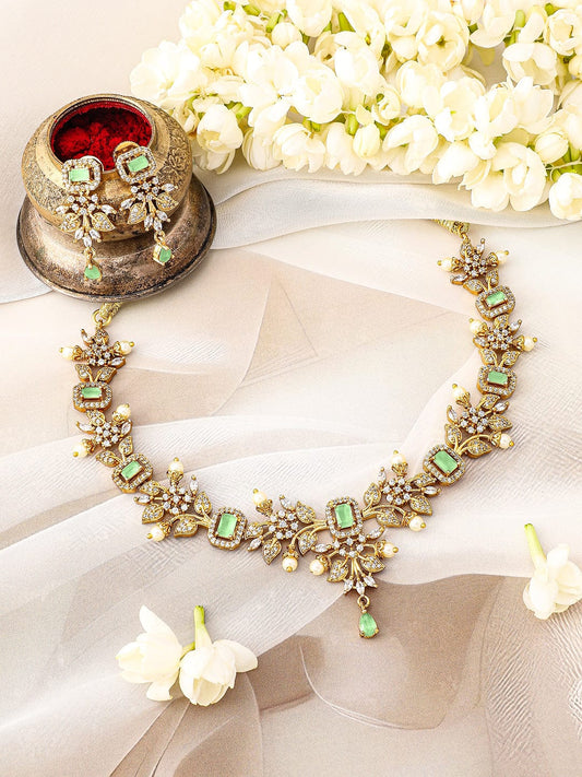 Rubans 22K Gold-Plated Light Green & Cubic Zirconia Studded Necklace Set with Pearl Drops