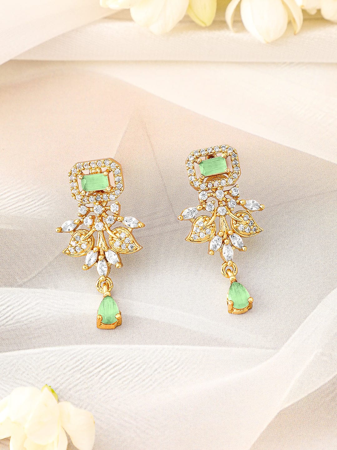 Rubans 22K Gold-Plated Light Green & Cubic Zirconia Studded Necklace Set with Pearl Drops