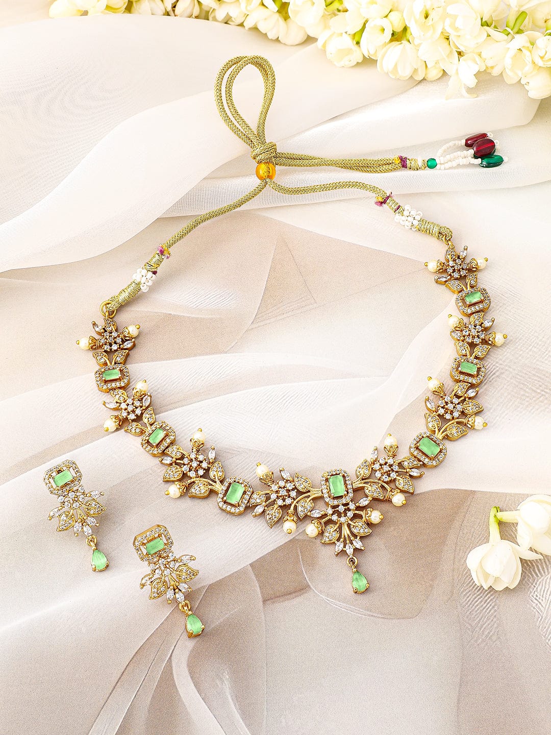 Rubans 22K Gold-Plated Light Green & Cubic Zirconia Studded Necklace Set with Pearl Drops