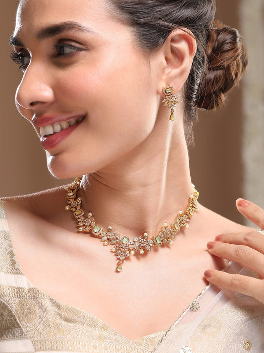 Rubans 22K Gold-Plated Light Green & Cubic Zirconia Studded Necklace Set with Pearl Drops