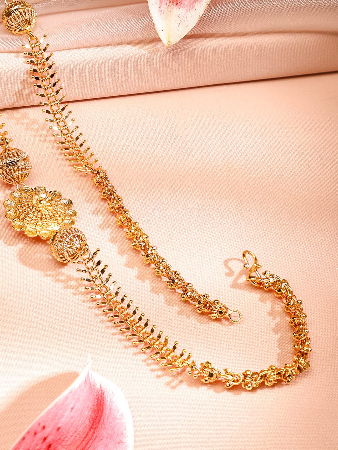 Rubans 22K Gold-Plated Long Floral Pendant Golden Beaded Necklace for Women