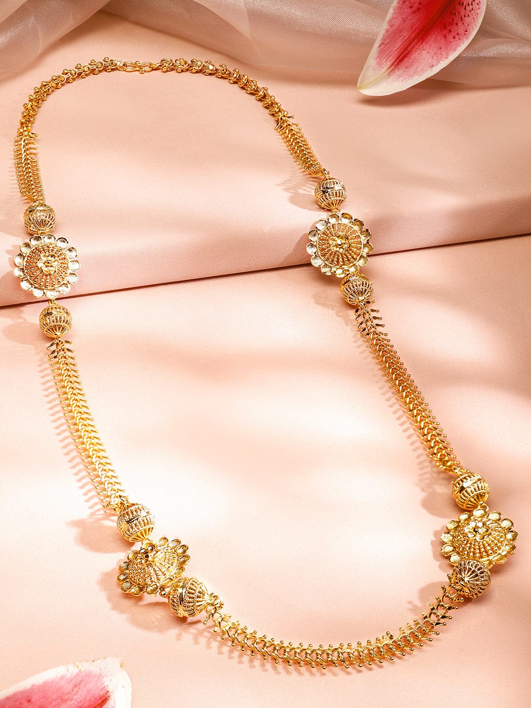 Rubans 22K Gold-Plated Long Floral Pendant Golden Beaded Necklace for Women