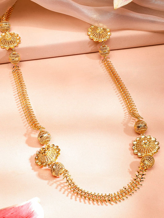 Rubans 22K Gold-Plated Long Floral Pendant Golden Beaded Necklace for Women