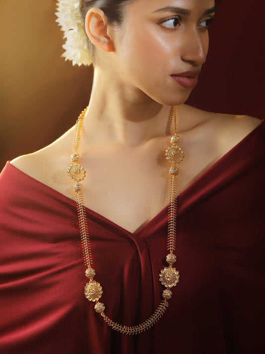 Rubans 22K Gold-Plated Long Floral Pendant Golden Beaded Necklace for Women