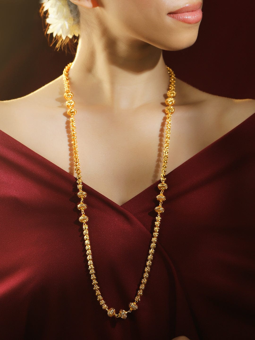 Rubans 22K Gold-Plated Long Layered Golden Beaded Traditional Necklace for Women