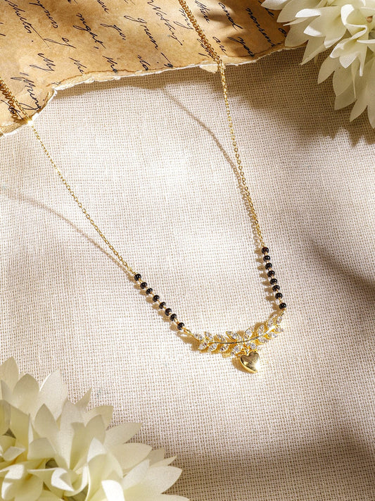 Rubans 22K Gold-Plated Mangalsutra Necklace with Black Beads, Heart-Shaped Pendant & Cubic Zirconia for Women