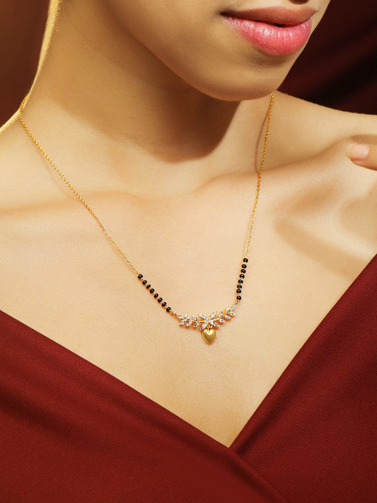 Rubans 22K Gold-Plated Mangalsutra Necklace with Black Beads, Heart-Shaped Pendant & Cubic Zirconia for Women