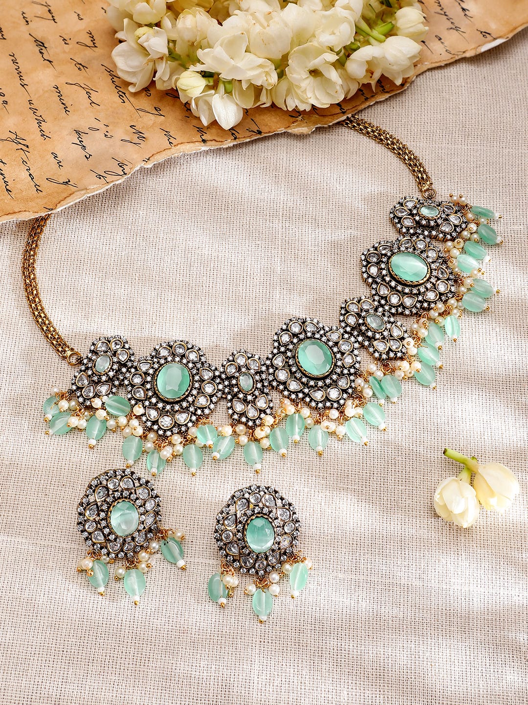 Rubans 22K Gold-Plated Mint Green AD Stone & Cubic Zirconia Studded Beaded Necklace Set
