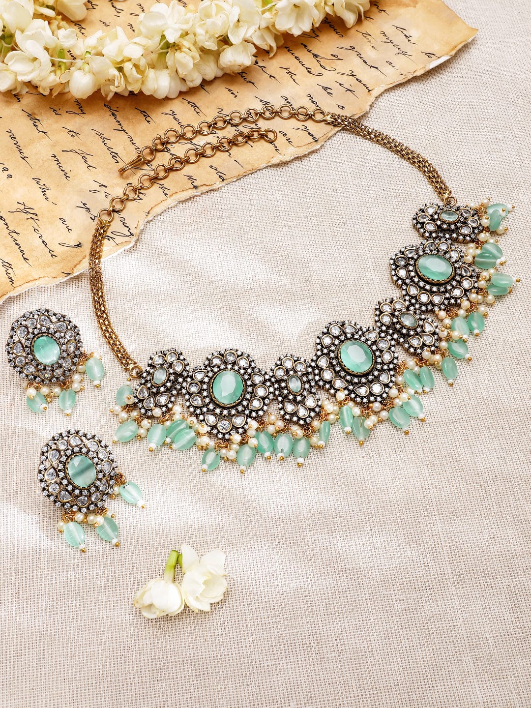 Rubans 22K Gold-Plated Mint Green AD Stone & Cubic Zirconia Studded Beaded Necklace Set