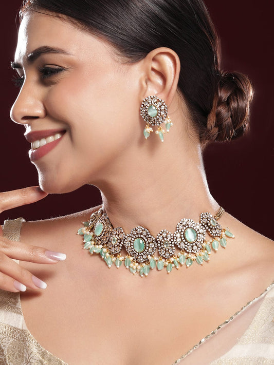 Rubans 22K Gold-Plated Mint Green AD Stone & Cubic Zirconia Studded Beaded Necklace Set