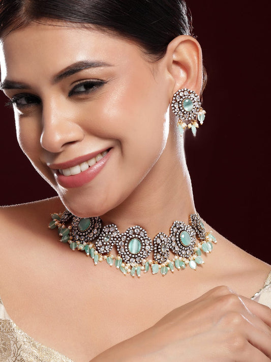 Rubans 22K Gold-Plated Mint Green AD Stone & Cubic Zirconia Studded Beaded Necklace Set