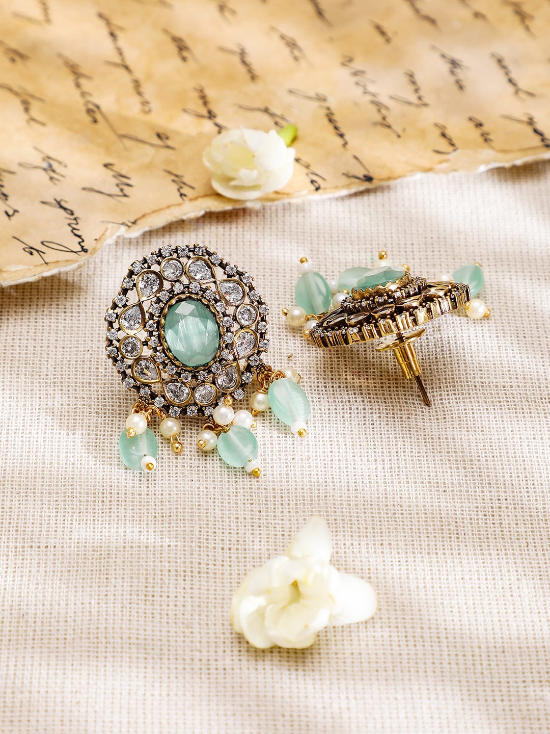 Rubans 22K Gold-Plated Mint Green AD Stone & Cubic Zirconia Studded Beaded Necklace Set