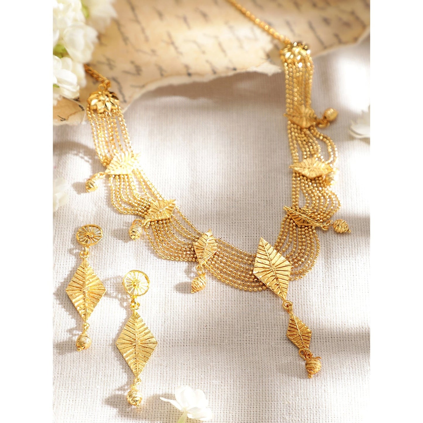 Rubans 22K Gold-Plated Multi-Strand Necklace Set with Leaf Motifs and Matching Drop Earrings for Womens & Girls