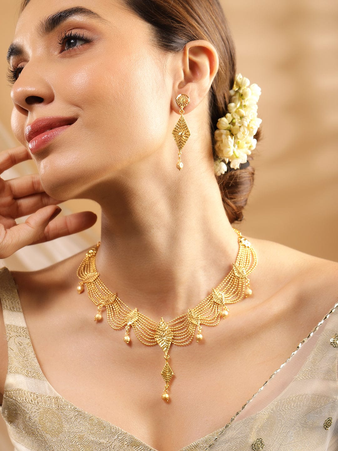Rubans 22K Gold-Plated Multi-Strand Necklace Set with Leaf Motifs and Matching Drop Earrings for Womens & Girls