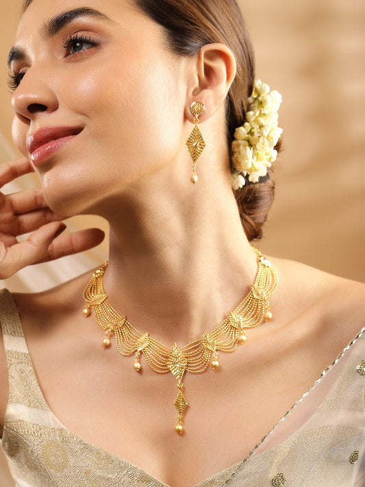 Rubans 22K Gold-Plated Multi-Strand Necklace Set with Leaf Motifs and Matching Drop Earrings for Womens & Girls