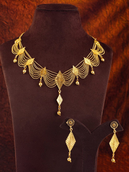 Rubans 22K Gold-Plated Multi-Strand Necklace Set with Leaf Motifs and Matching Drop Earrings for Womens & Girls