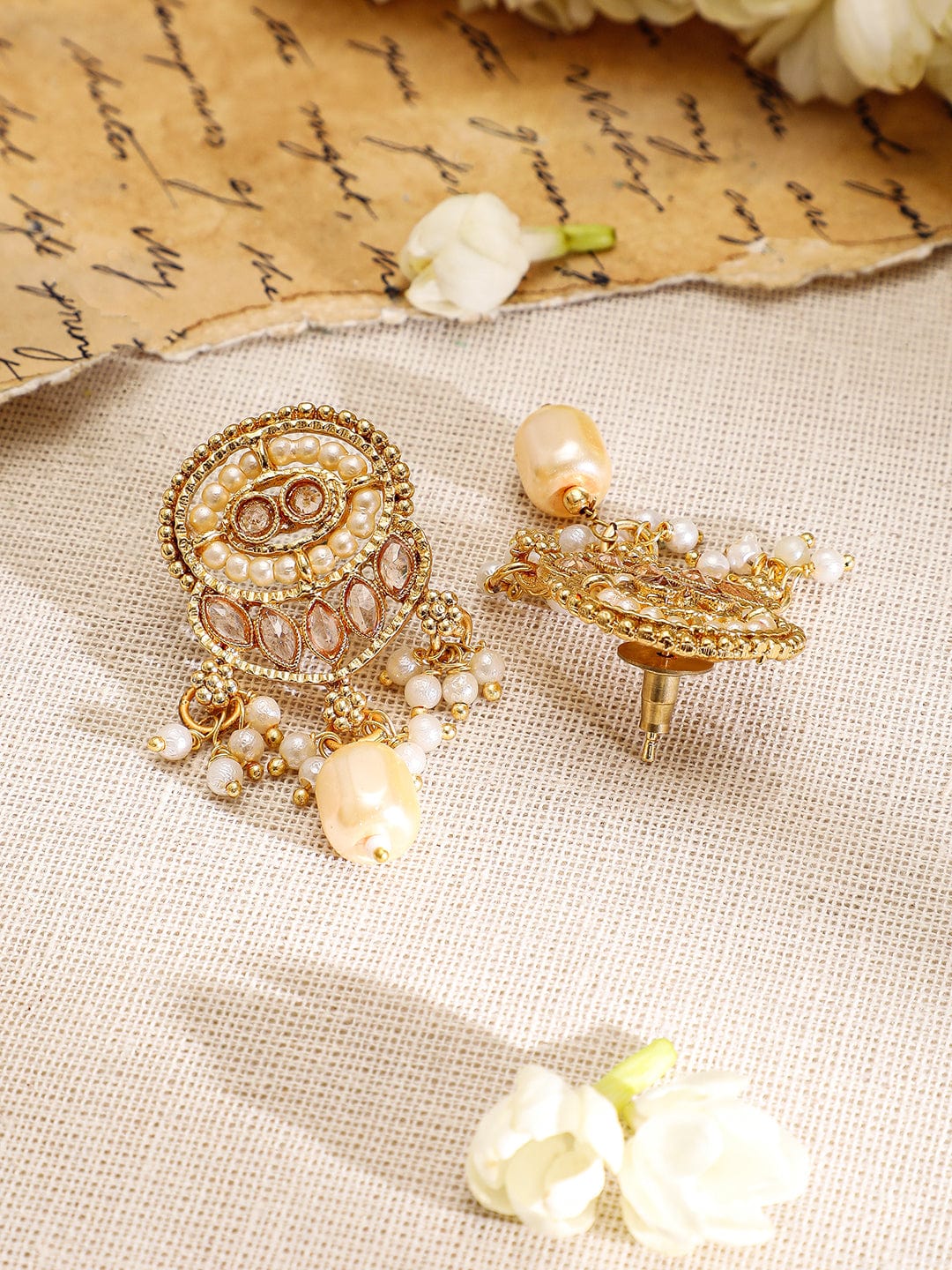 Rubans 22K Gold-Plated Multi-Strand Pearl Beaded Necklace Set with Kundan & Pearl Drops