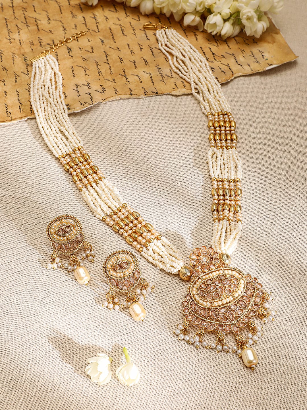 Rubans 22K Gold-Plated Multi-Strand Pearl Beaded Necklace Set with Kundan & Pearl Drops