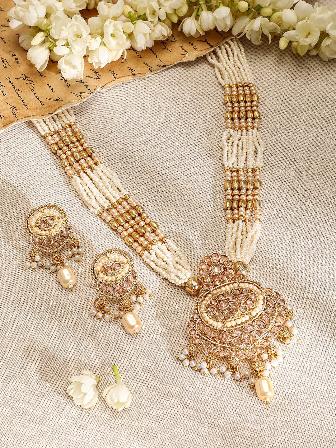 Rubans 22K Gold-Plated Multi-Strand Pearl Beaded Necklace Set with Kundan & Pearl Drops