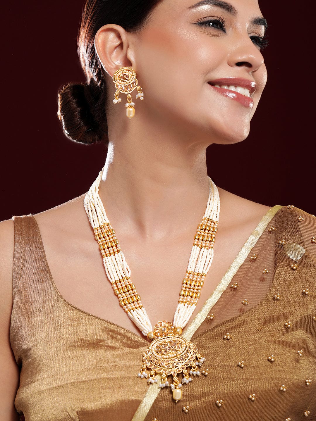 Rubans 22K Gold-Plated Multi-Strand Pearl Beaded Necklace Set with Kundan & Pearl Drops
