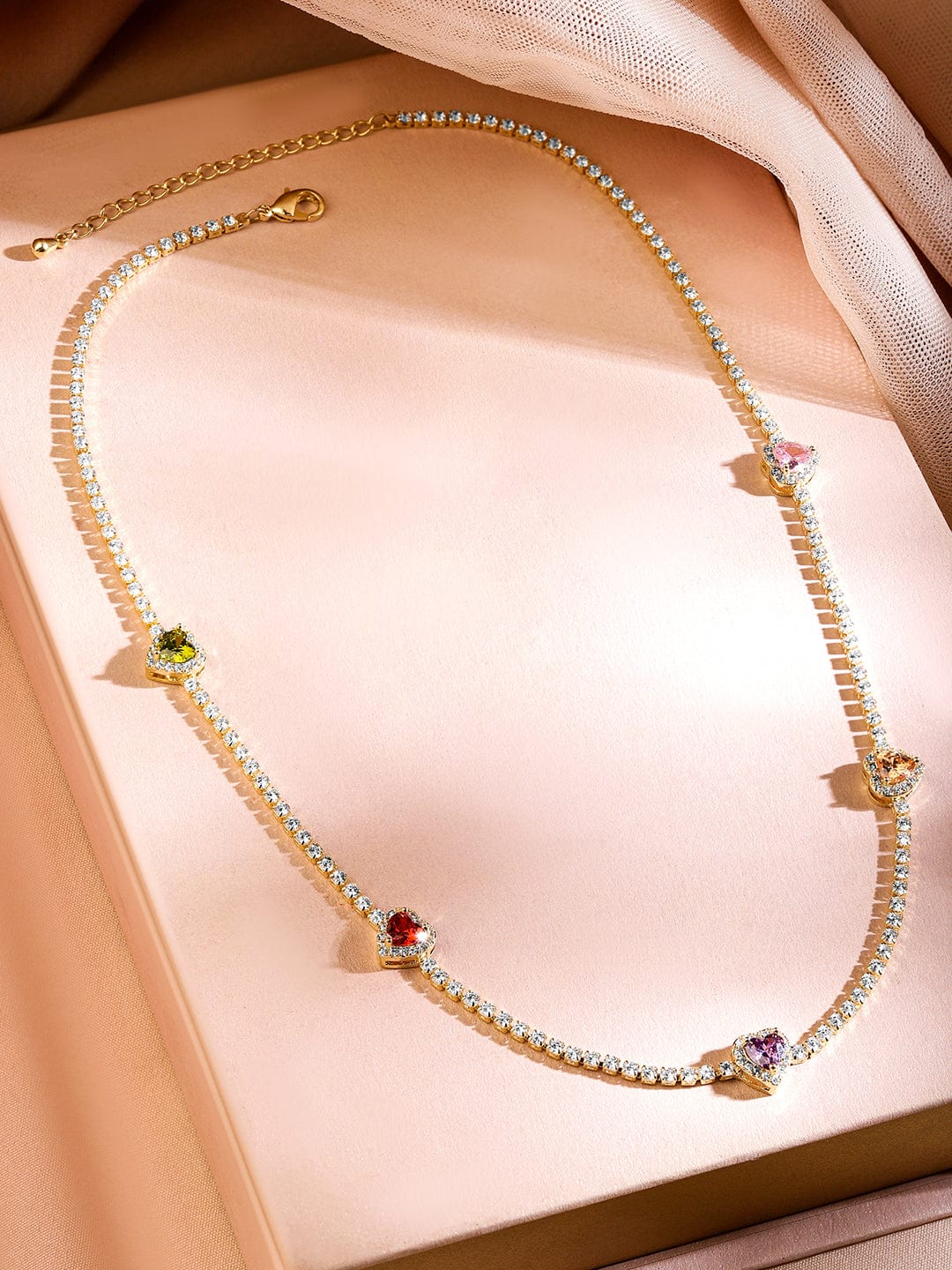 Rubans 22K Gold Plated Multicolor AD & Cubic Zirconia Studded Heart Charm Tennis Necklace