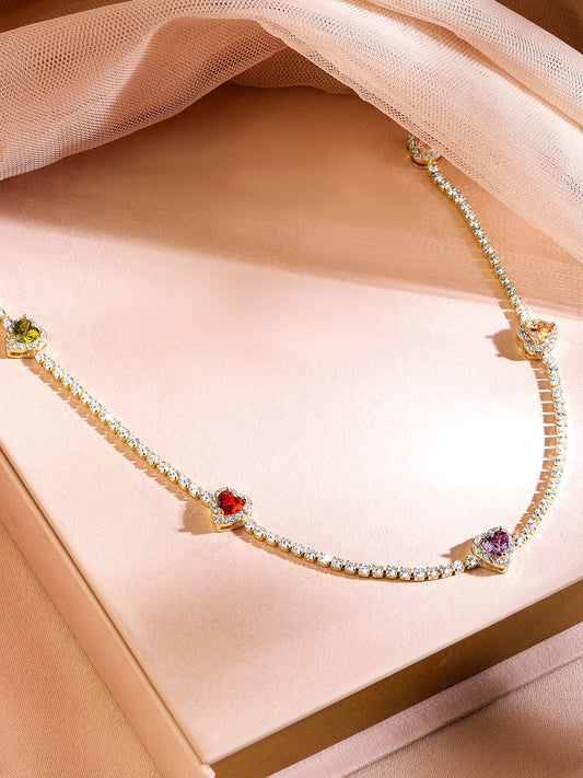 Rubans 22K Gold Plated Multicolor AD & Cubic Zirconia Studded Heart Charm Tennis Necklace