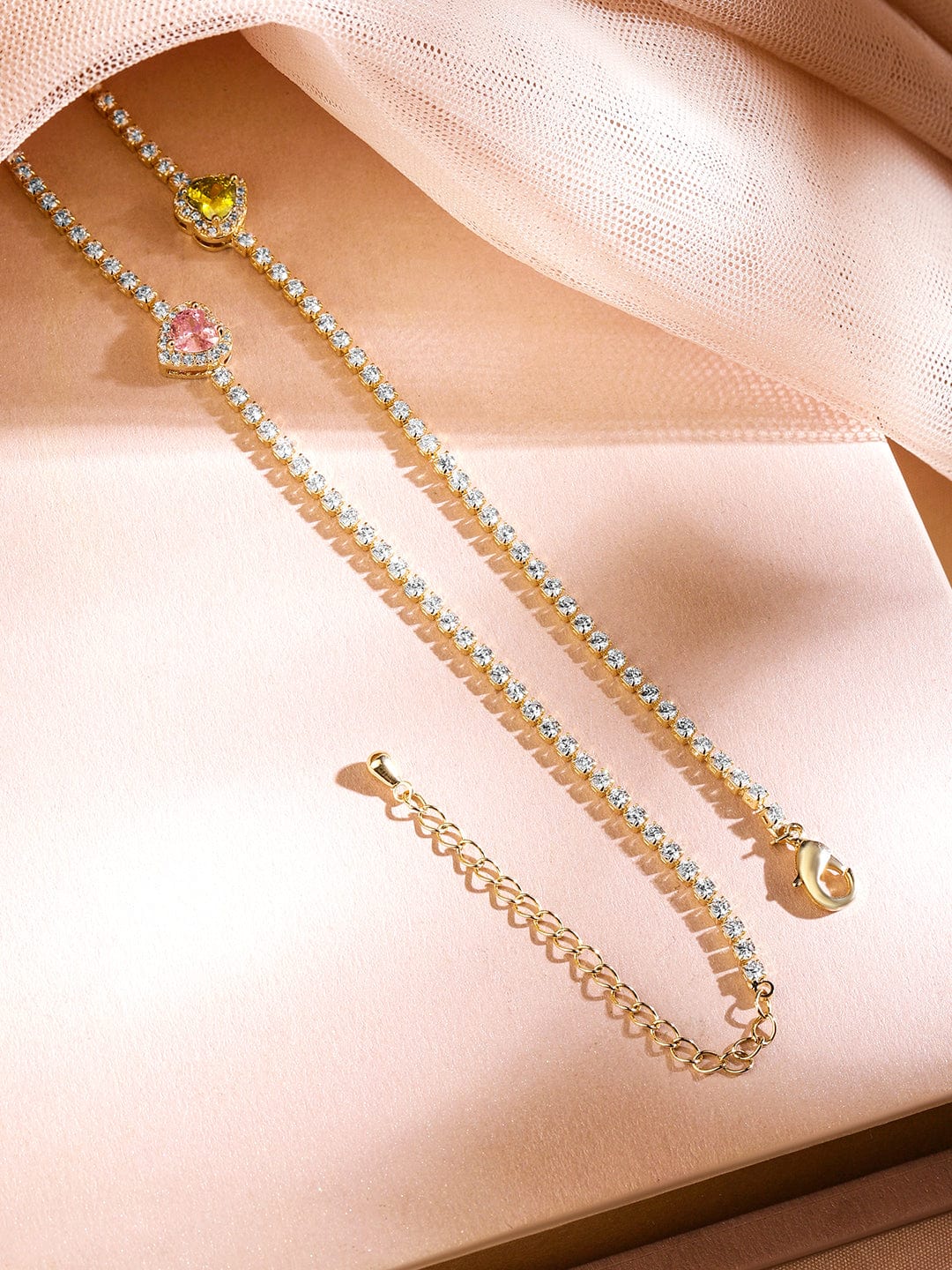 Rubans 22K Gold Plated Multicolor AD & Cubic Zirconia Studded Heart Charm Tennis Necklace