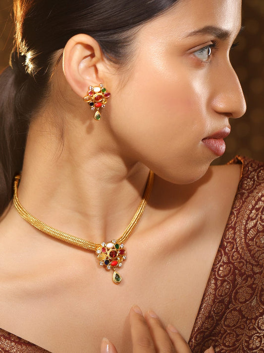 Rubans 22K Gold-Plated Multicolor Gemstone Studded Brass Traditional Necklace Set