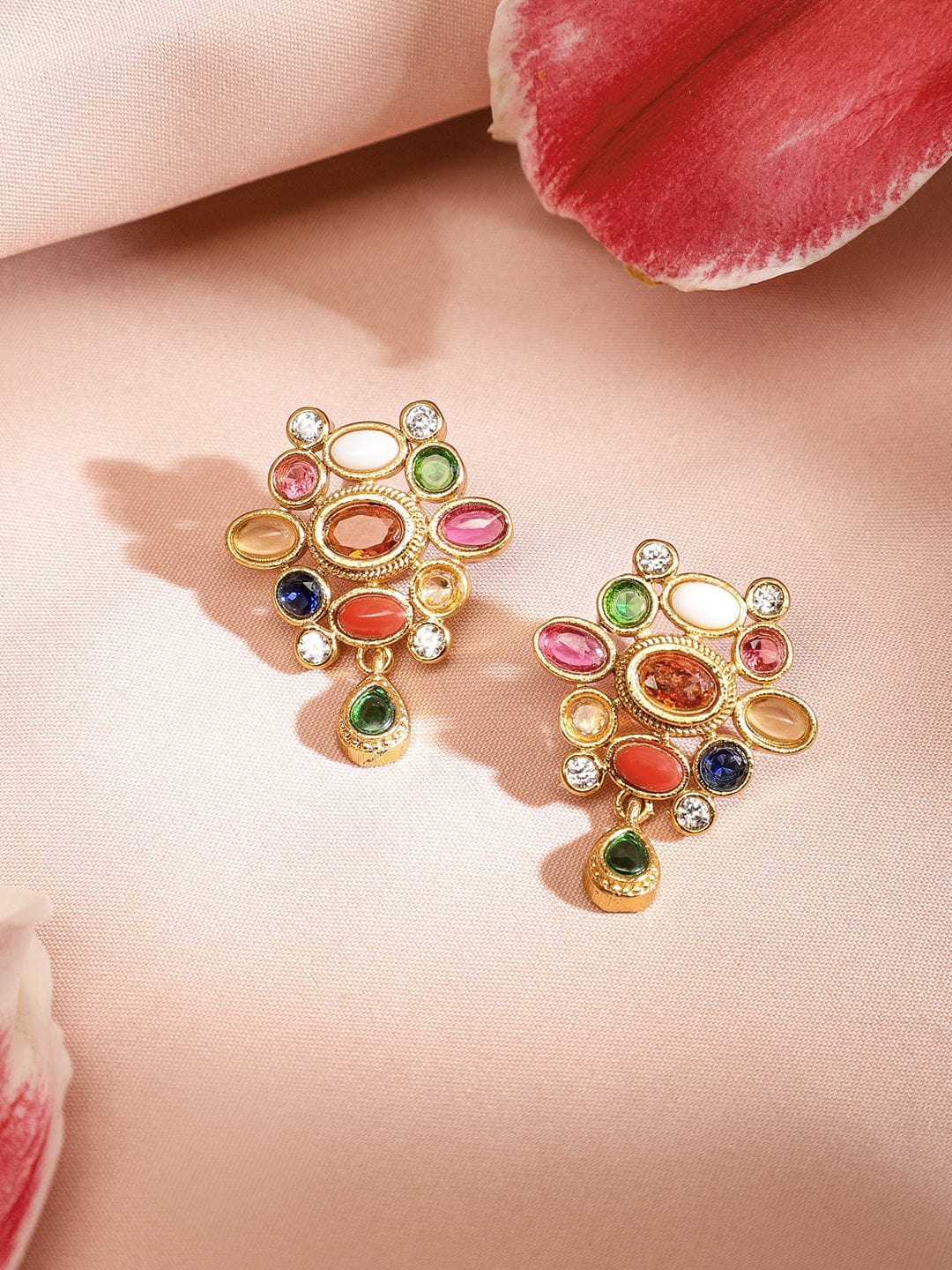 Rubans 22K Gold-Plated Multicolor Gemstone Studded Brass Traditional Necklace Set