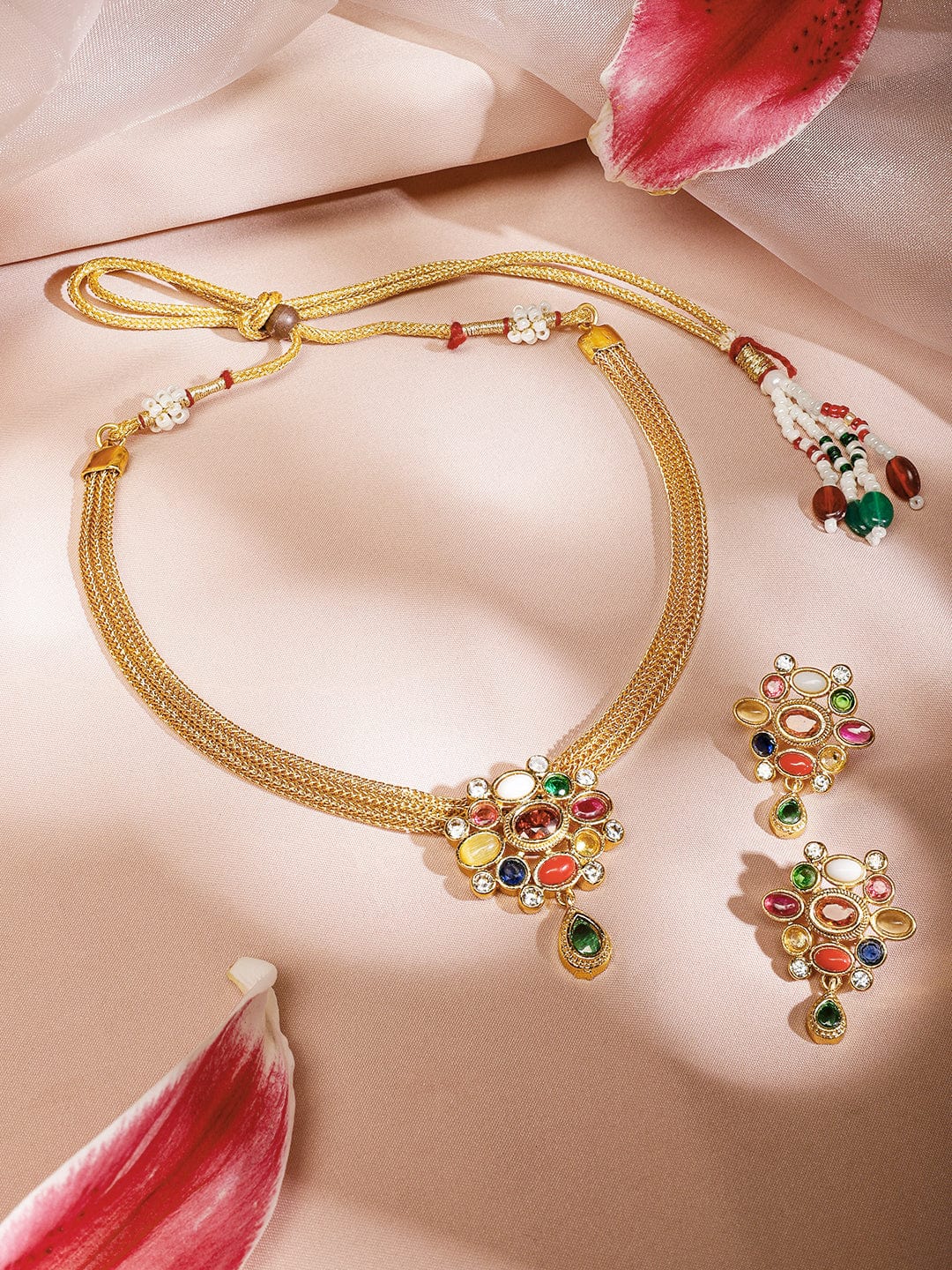 Rubans 22K Gold-Plated Multicolor Gemstone Studded Brass Traditional Necklace Set