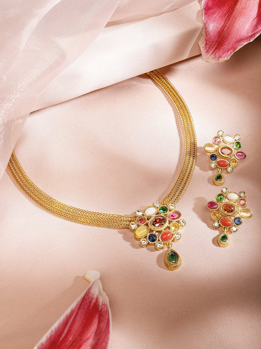 Rubans 22K Gold-Plated Multicolor Gemstone Studded Brass Traditional Necklace Set