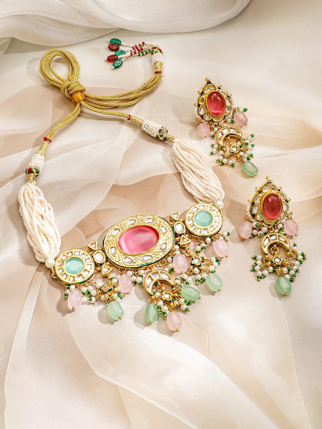 Rubans 22K Gold-Plated Multicolor Kundan & Pink, Green Pearls Beads Studded Pearl Necklace Set for Women