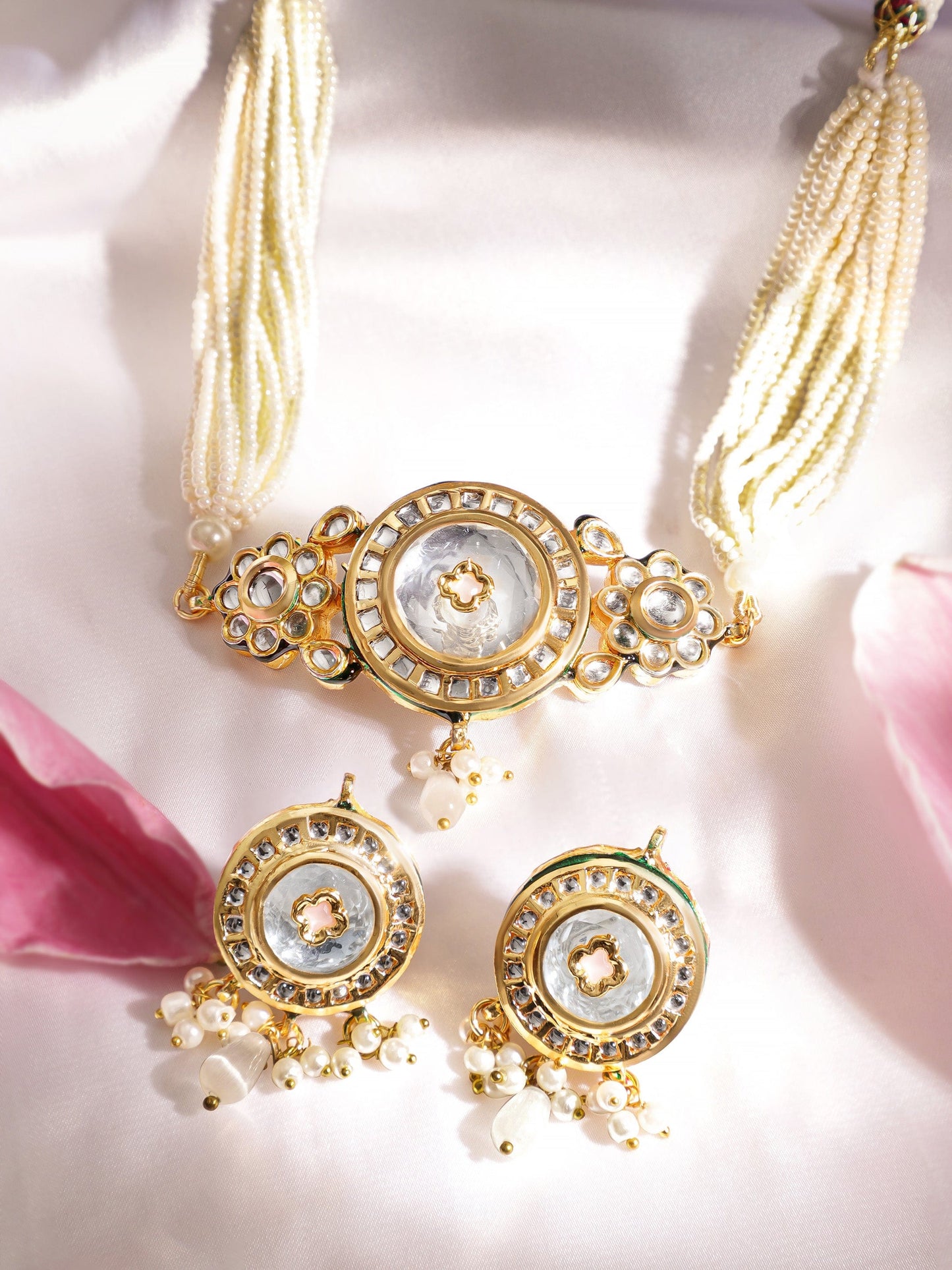 Rubans 22K Gold-Plated Multicolor Kundan & Pink, Green Pearls Beads Studded Pearl Necklace Set for Women