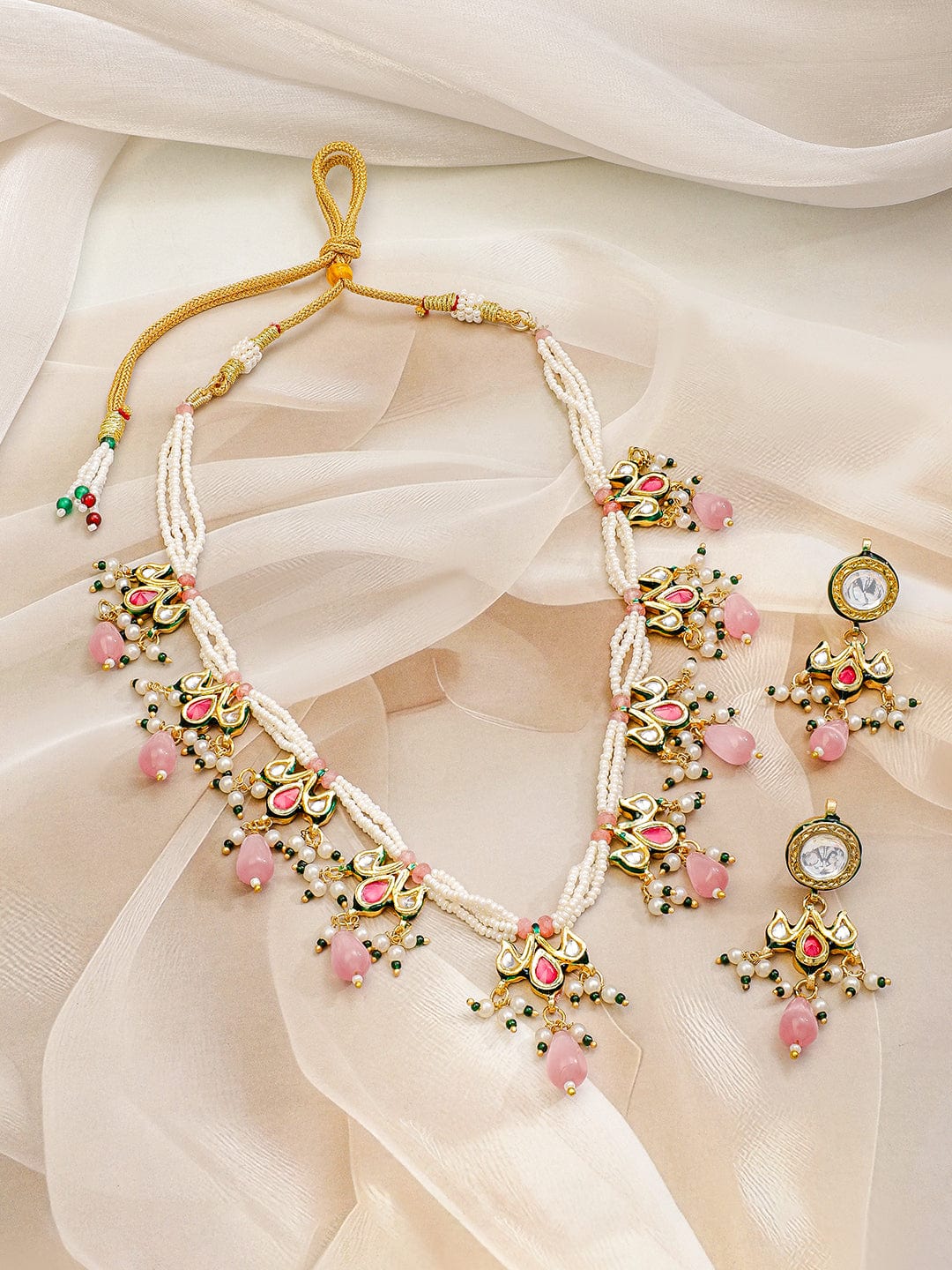 Rubans 22K Gold-Plated Multicolor Kundan & Pink, Green Pearls Beads Studded Pearl Necklace Set for Women