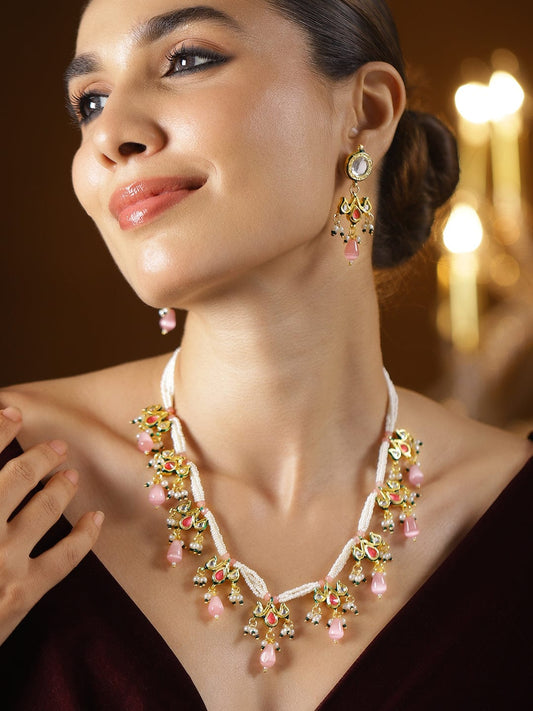 Rubans 22K Gold-Plated Multicolor Kundan & Pink, Green Pearls Beads Studded Pearl Necklace Set for Women
