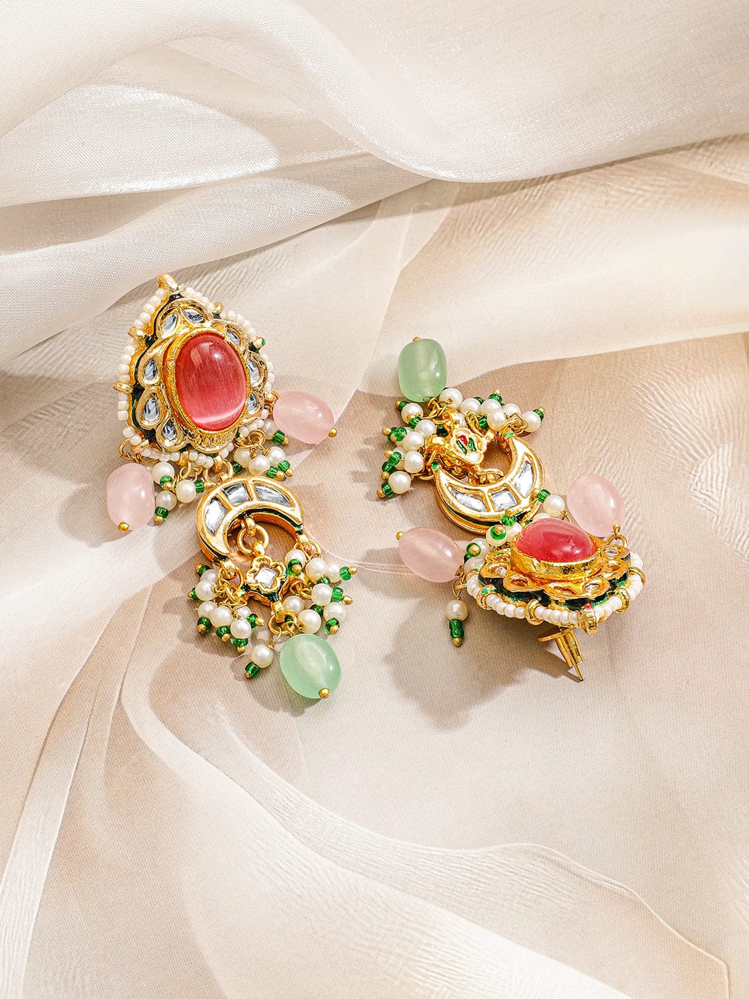 Rubans 22K Gold-Plated Multicolor Kundan & Pink, Green Pearls Beads Studded Pearl Necklace Set for Women