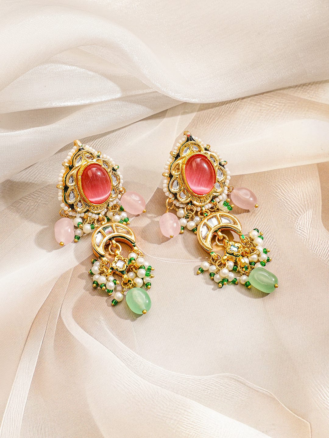 Rubans 22K Gold-Plated Multicolor Kundan & Pink, Green Pearls Beads Studded Pearl Necklace Set for Women