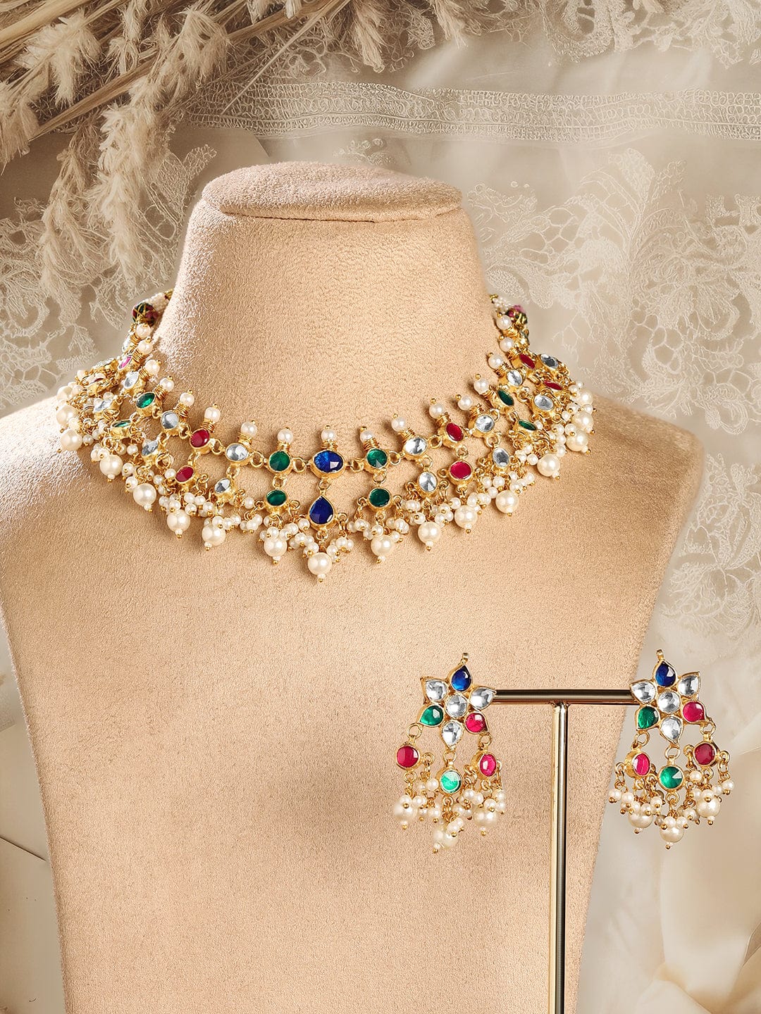 Rubans 22K Gold-Plated Multicolor Stone Studded Choker Necklace Set with Pearl Accents