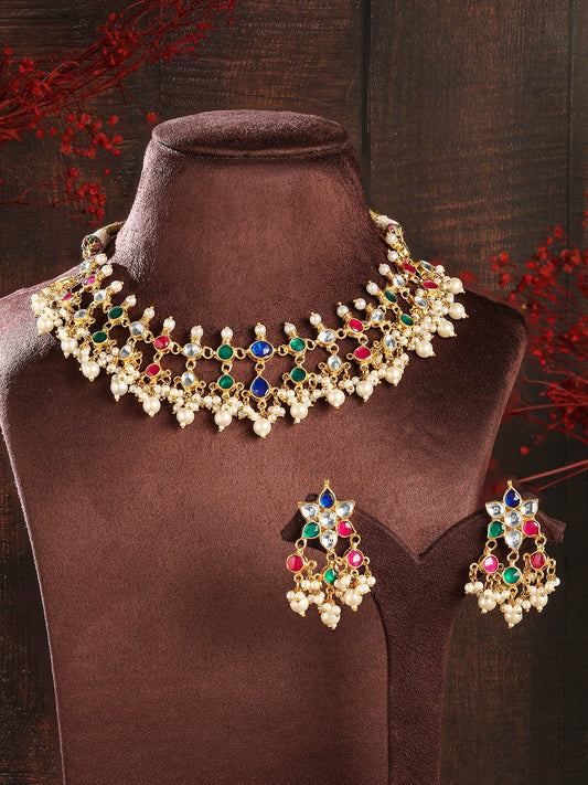 Rubans 22K Gold-Plated Multicolor Stone Studded Choker Necklace Set with Pearl Accents