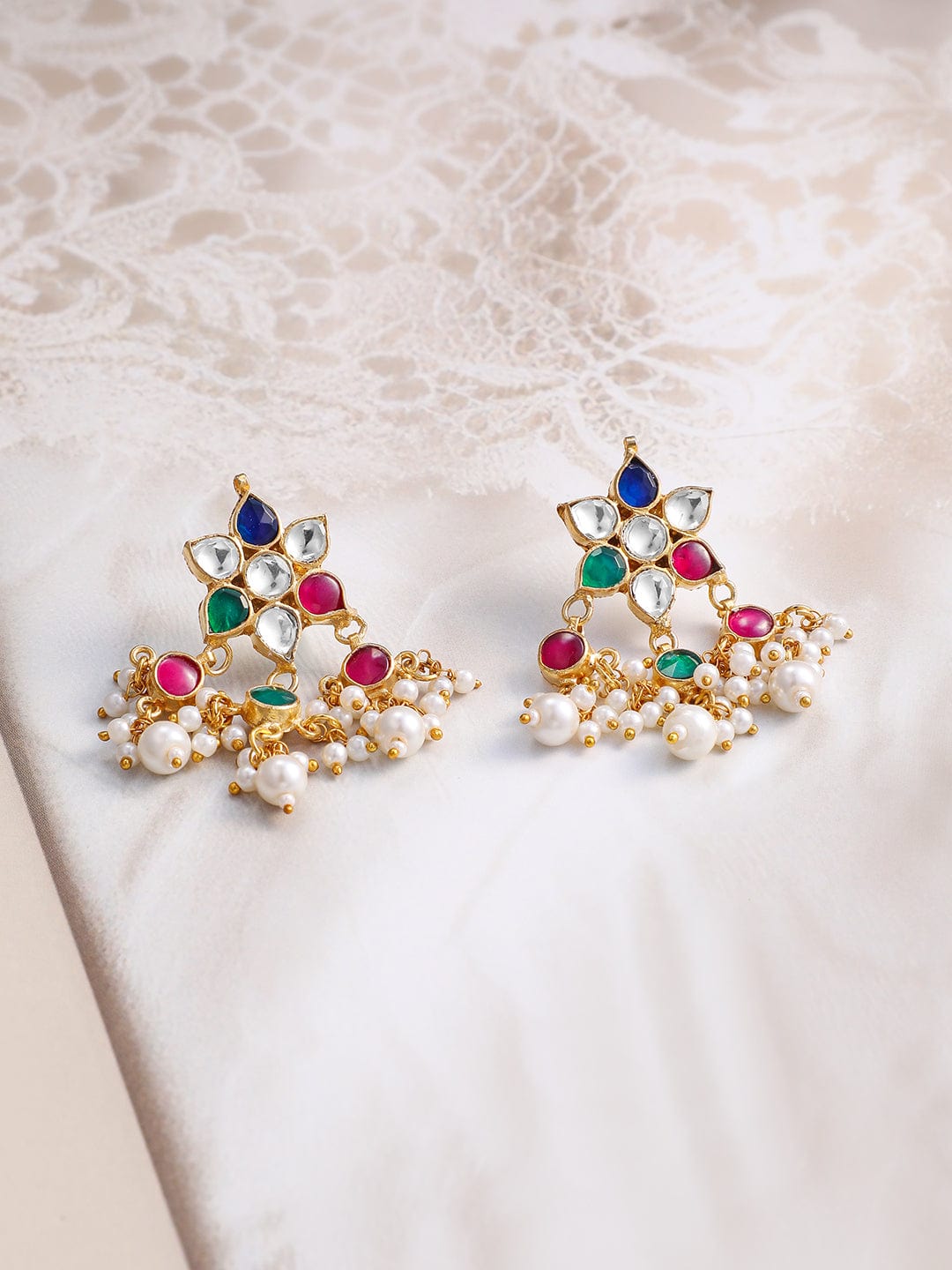 Rubans 22K Gold-Plated Multicolor Stone Studded Choker Necklace Set with Pearl Accents