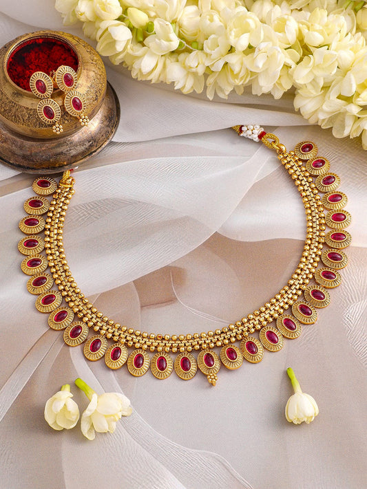 Rubans 22K Gold-Plated Ruby Pink Stone Oval Detailing Handcrafted Necklace Set