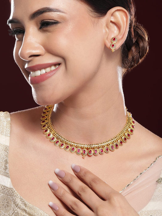 Rubans 22K Gold-Plated Ruby Pink Stone Oval Detailing Handcrafted Necklace Set