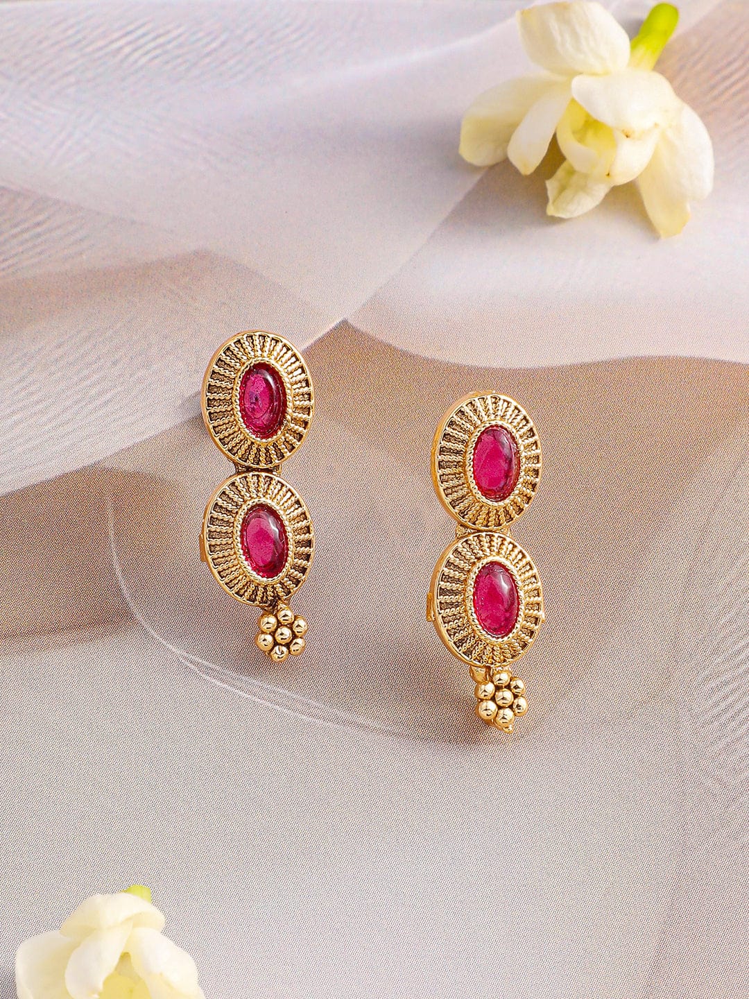 Rubans 22K Gold-Plated Ruby Pink Stone Oval Detailing Handcrafted Necklace Set
