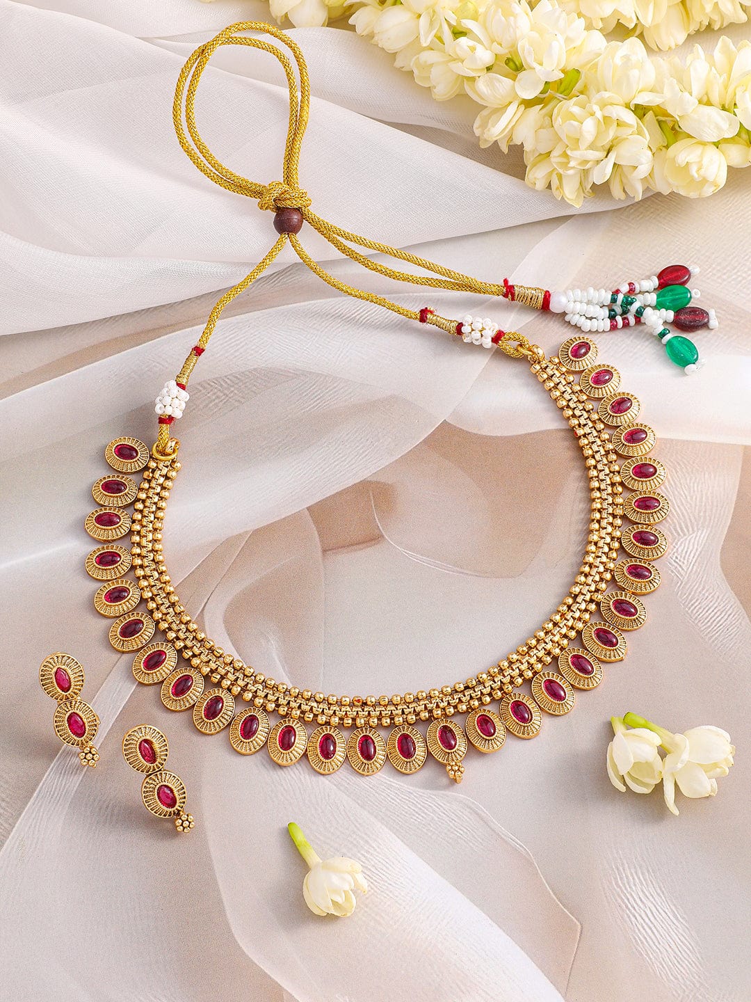 Rubans 22K Gold-Plated Ruby Pink Stone Oval Detailing Handcrafted Necklace Set